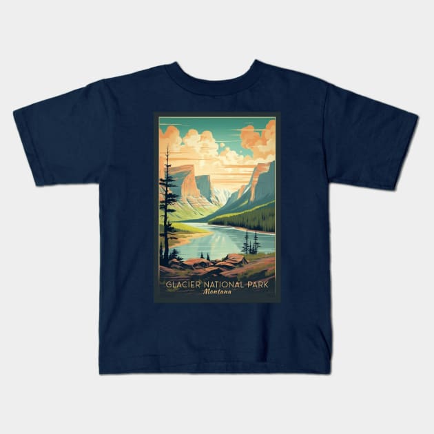 Glacier National Park Travel Poster Kids T-Shirt by GreenMary Design